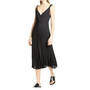 Vince Women's Pleated V Neck Twist Sleeveless Midi Dress In Black